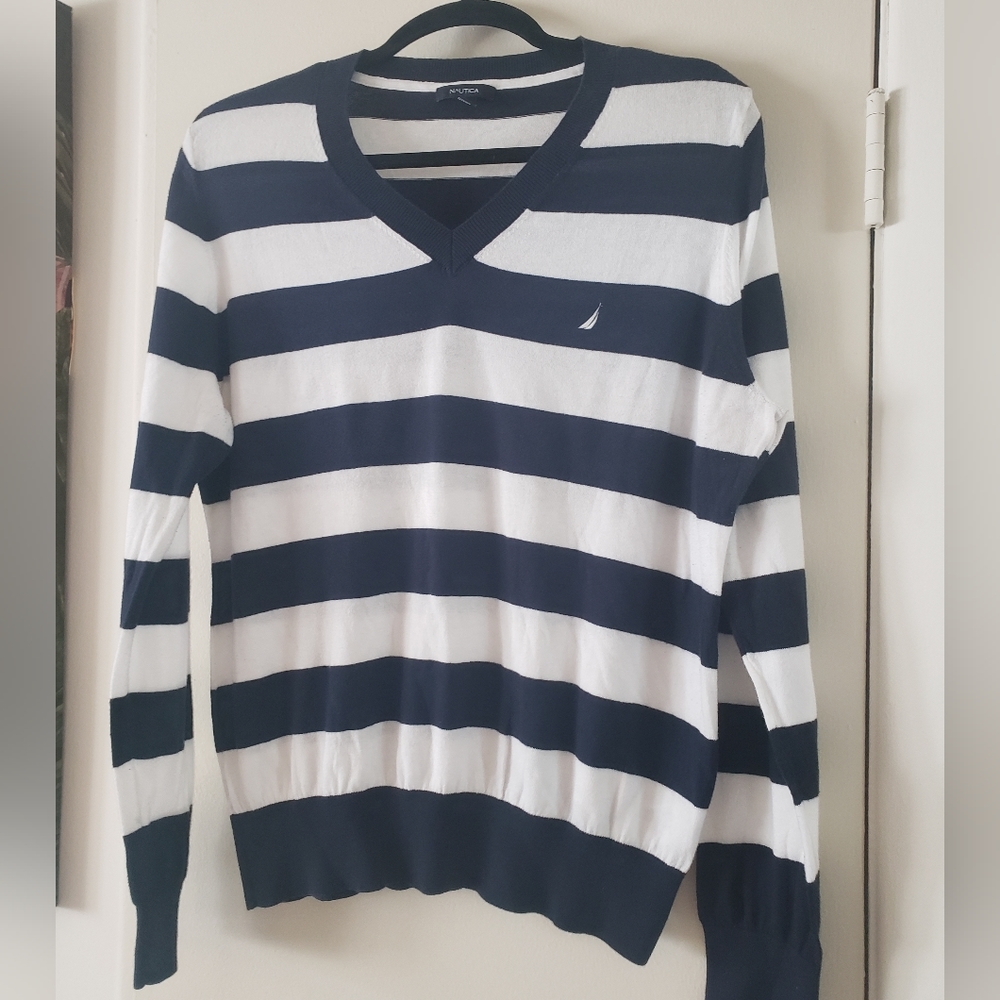 Nautica V-neck Sweater Navy & White Stripes